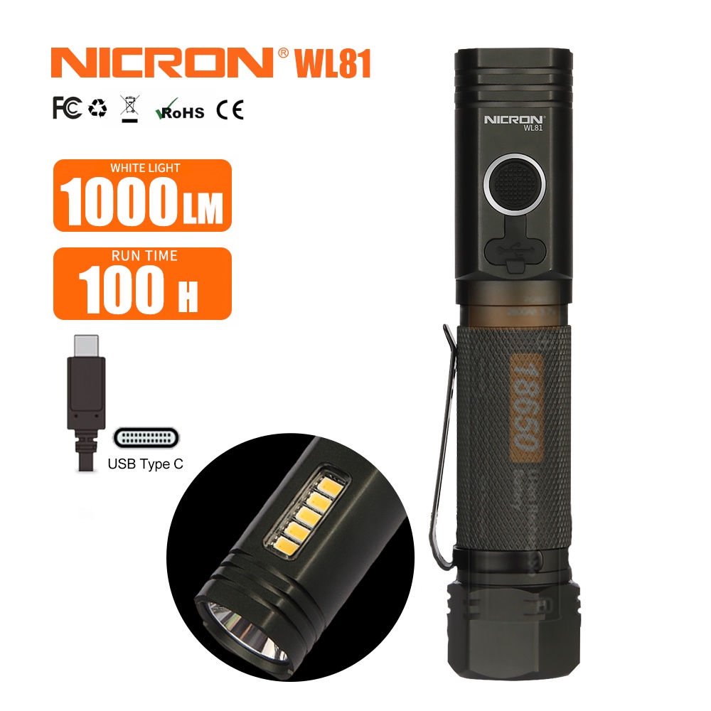 Nicron Led 手電筒 WL81 雙燈泡聚光燈/泛光燈手電筒 Ip67 防水 18650 磁鐵手電筒 Ourdoo