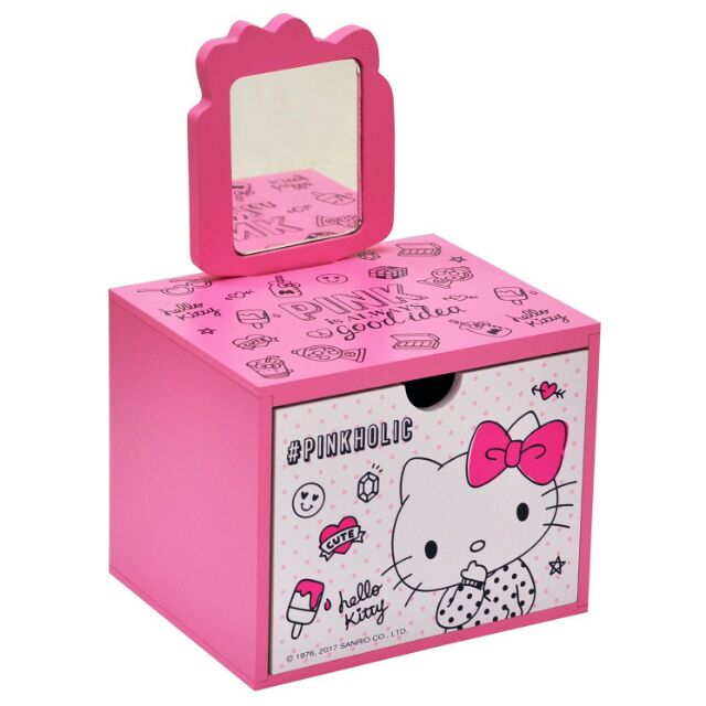 👑出清～ 正版 木製  Hello Kitty 手拿鏡抽屜盒 收納盒 KT-630012
