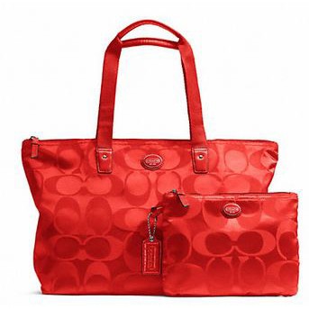 COACH 77321 logo C 紅色 摺疊旅行包/子母包 托特包 可當媽媽包 附同款收納袋 全新真品