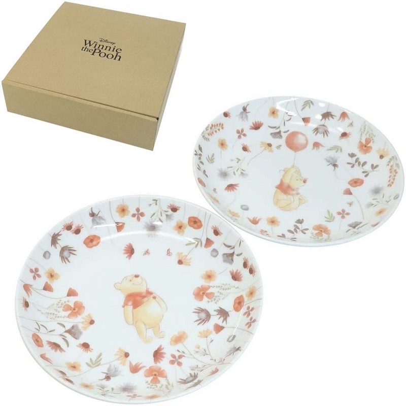 日本正版 迪士尼DISNEY小熊維尼POOH 2入陶瓷盤組 陶瓷圓盤22CM吐司盤 禮盒組餐盤 陶瓷餐盤 早午餐盤平盤