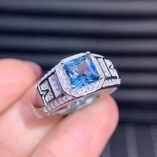 男士戒指鉑金彩色藍寶石首飾時尚鋯石水晶鍍銀訂婚結婚戒指