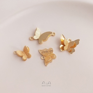 Ala-0209-高保色高品質--保色14K鍍金砂閃雙層小蝴蝶吊墜雙吊配件手作材料diy耳環飾品吊飾