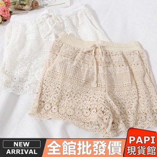 橫條抽繩手鉤蕾絲褲【5107】PAPI女裝批發 春夏新款防走光渡假出遊氣質海邊高腰褲 緹花短褲 三分短褲 褲 女生短褲