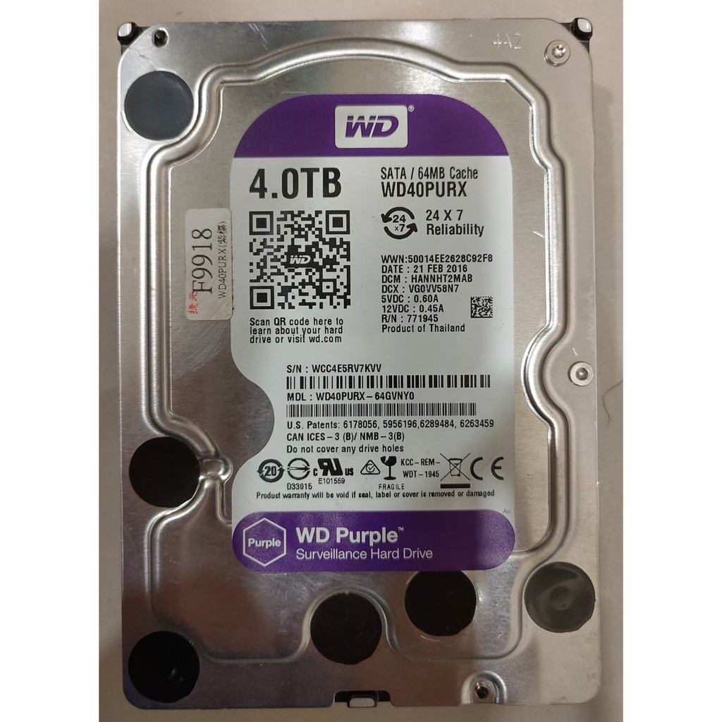 WD Western Digital PURPLE 4TB 4T WD40PURZ紫標監控用硬碟3.5"桌機用DVR錄影