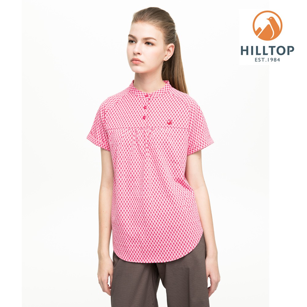 【Hilltop山頂鳥】女款吸濕快乾抗UV彈性緹花短袖襯衫S06F61-紅白