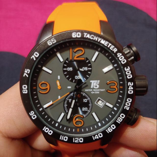 T5手錶 黑框橘錶帶