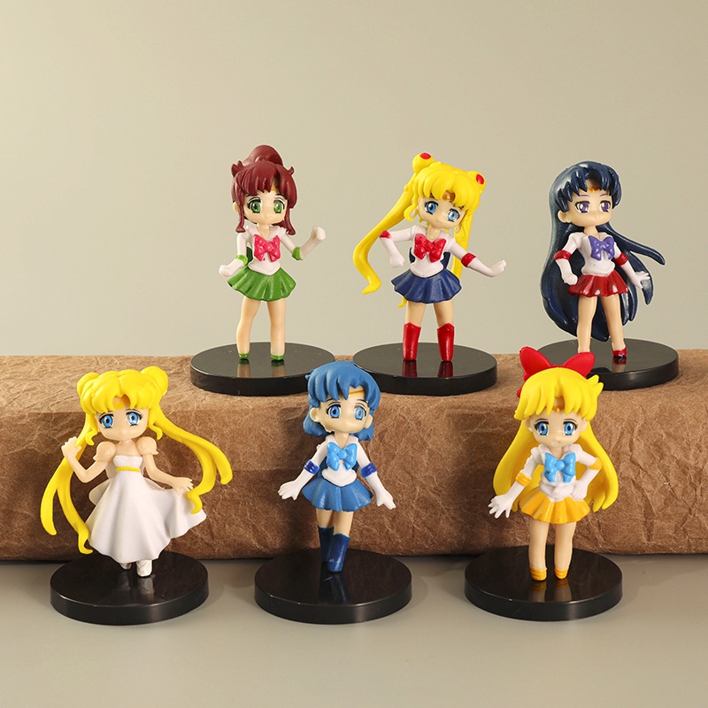 6款整套 動漫 美少女戰士 Sailor Moon 月野兔 水野亞美 木野真琴 愛野美奈子 Q版公仔人偶模型玩具手辦擺件