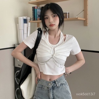 假兩件掛脖短袖T恤女ins潮夏季2022年新款設計感小眾短款純慾上衣 女生衣著 辣妹穿搭 歐美女裝NANA Studio