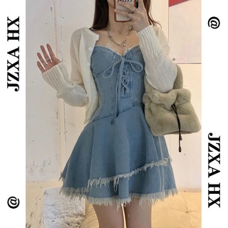 辣妹穿搭牛仔吊帶連身裙夏季法式收腰顯瘦