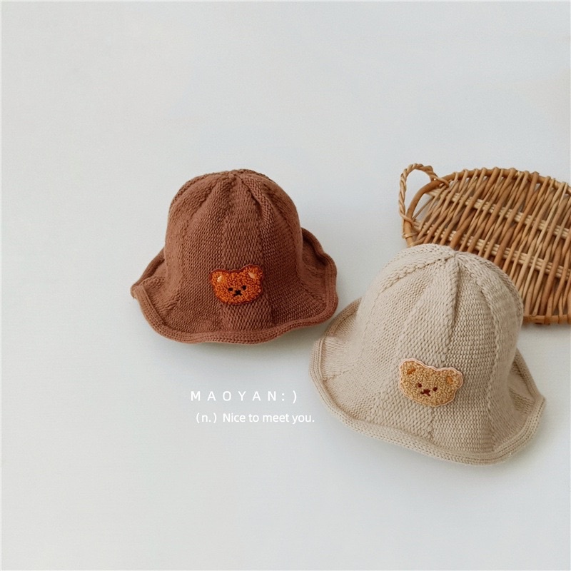 『現貨』ins風可愛卡通小熊造型貼標兒童針織漁夫帽 男女童秋冬保暖盆帽