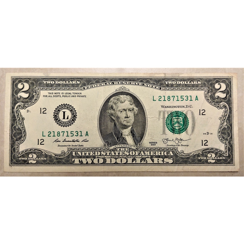 2013 年 舊版 早期 小頭 美國 2 元 Two Dollars 美金 美鈔 紙鈔