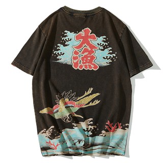 大漁日系和風神奈川潮牌短袖海浪做舊復古T恤浮世繪學生仙鶴鯉魚