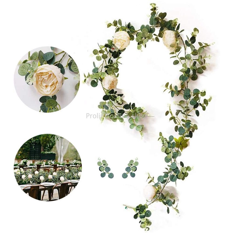 6 英尺人造桉樹花環帶香檳牡丹花懸掛綠化花環假花花環用於家庭婚禮背景餐桌裝飾