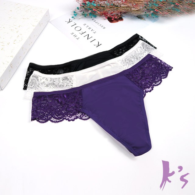 【K's凱恩絲】鏤空蕾絲有氧蠶絲丁字褲-紫、白、黑色