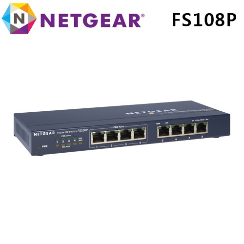 台灣公司貨五年保 Netgear 8埠 - 4埠PSE 10/100Mbps PoE供電 乙太網路交換器 FS108P