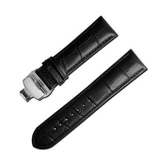 Watchband / 經典復刻時尚指標壓紋真皮雙邊壓扣錶帶 黑x銀扣＃810-01-BL