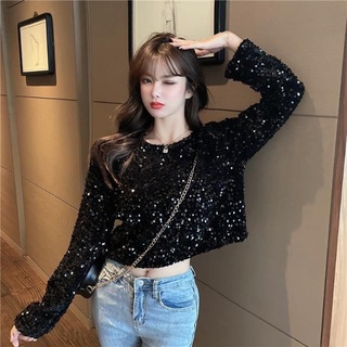 KISS女裝 2021秋季新款軟妹子設計感亮片長袖圓領顯瘦百搭外穿小眾上衣女潮