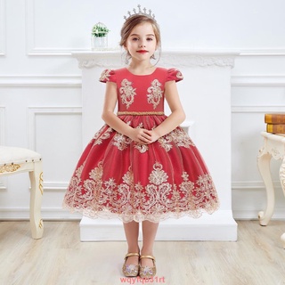 [爆款新貨]女童紅色連衣裙蕾絲刺繡蝴蝶結蓬蓬裙生日聚會兒童公主花童禮服小洋裝