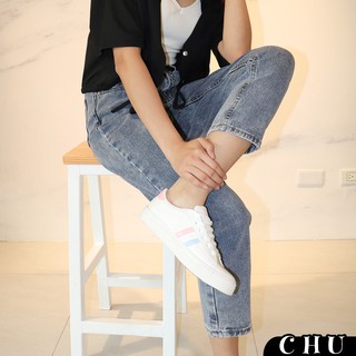 CHU FASHION ABL直筒男友褲 造型腰飾牛仔小男友褲/直筒長褲 雙扣 顯瘦設計 2色