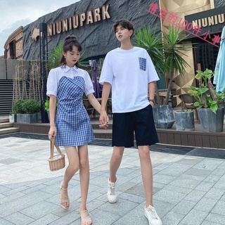 【COUPLE】情侶裝💖2022夏季法式一裙一衣拼接襯衫格子連衣裙時尚套裝男短袖潮