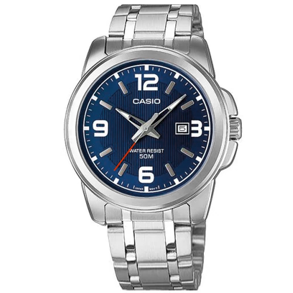 CASIO / 卡西歐 簡約時尚 數字刻度 日期顯示 不鏽鋼手錶 藍色  / MTP-1314D-2A / 43mm