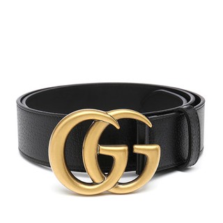 美國百分百【全新真品】Gucci 真皮 皮帶 腰帶 女款 休閒 專櫃配件 大LOGO 黃銅釦 黑色 K333