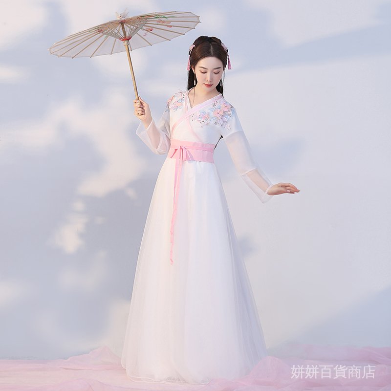 古裝漢服女白色仙女齊腰襦裙套裝古風飄逸超仙中國風仙氣舞蹈服裝 姘姘
