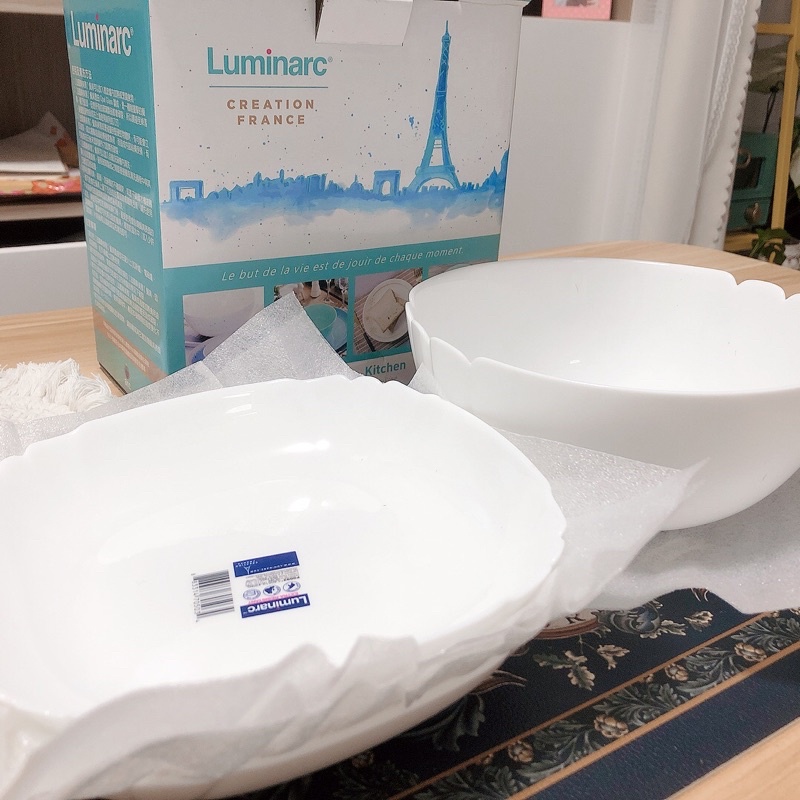 (全新) 樂美雅 Luminarc  純白 1個湯碗+3個餐盤 強化玻璃。