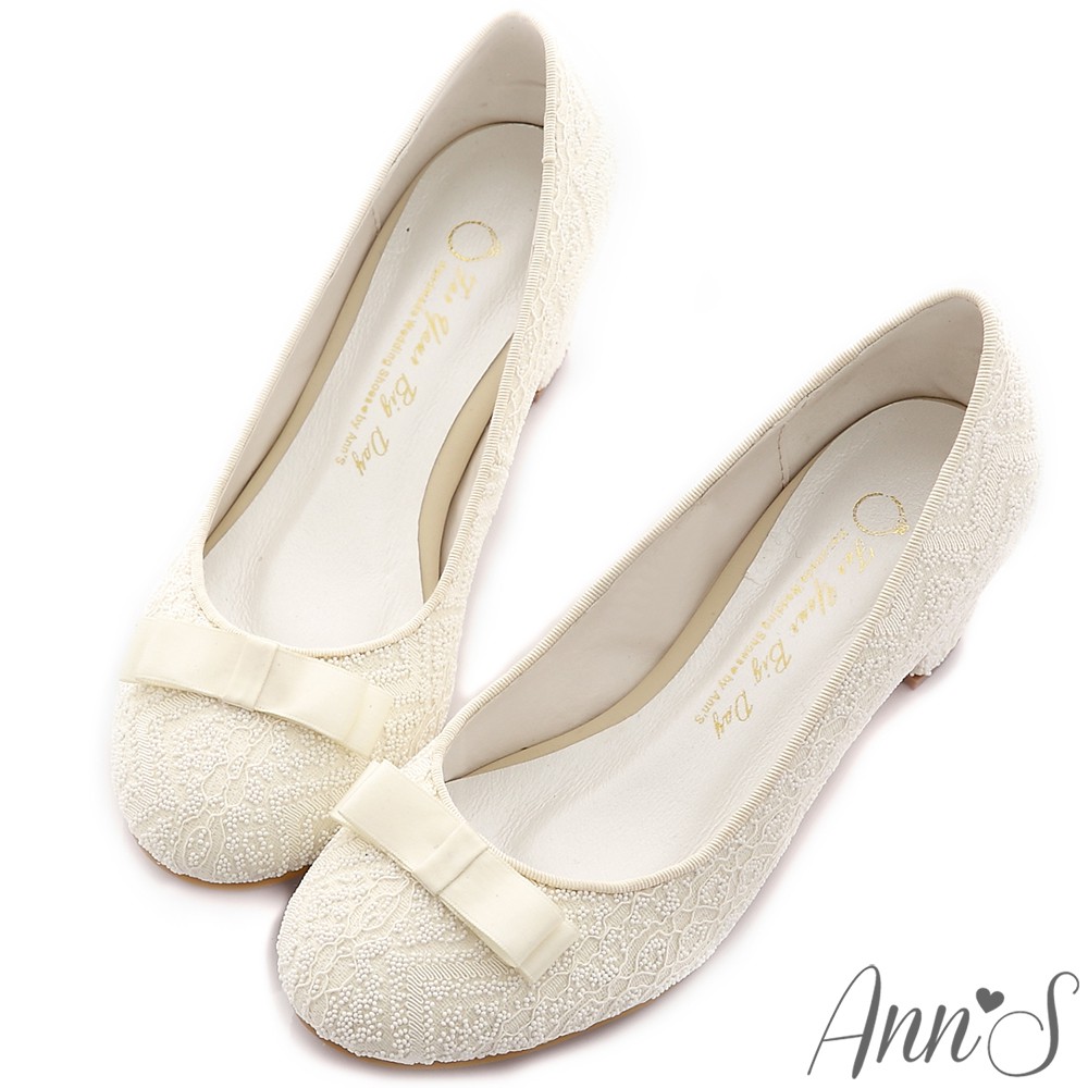 Ann'S Bridal幸福婚鞋立體滾珠緞帶低跟鞋-白