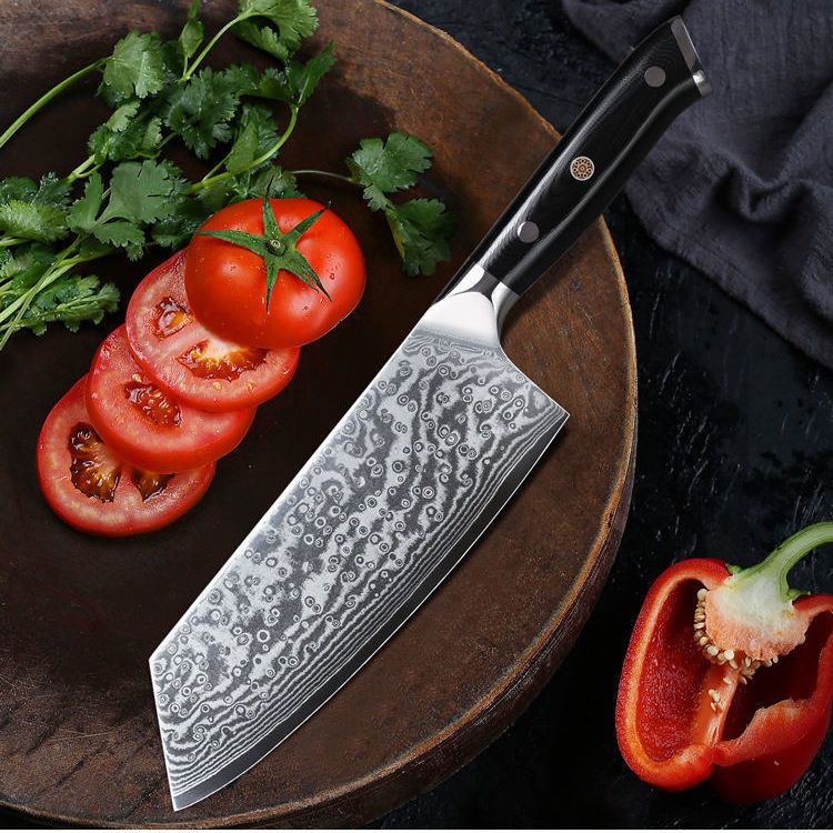 家用中式菜刀大馬士革鋼刀中片刀料理刀切肉刀花紋鋼刀具VG10刀