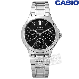 CASIO / LTP-V300D-1A / 卡西歐簡約三眼三針星期日期防水不鏽鋼手錶 黑色 32mm