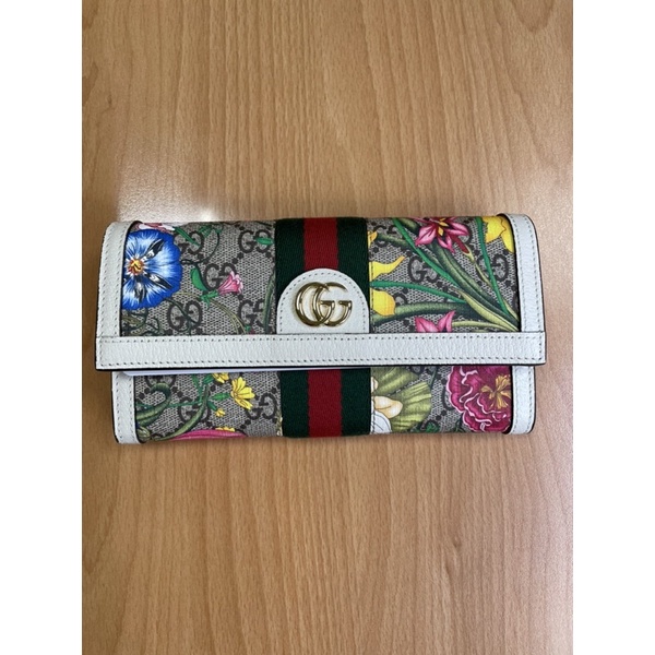 Gucci 花卉長夾 大logo 白色