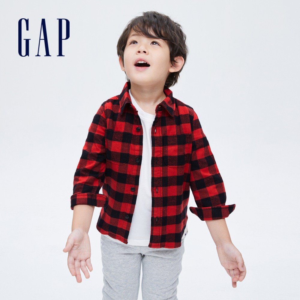 Gap 男幼童裝 純棉寬鬆格紋長袖襯衫-紅色格子(729819)