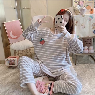 現貨 冬季加大法蘭絨睡衣套裝 條紋款 加大碼 寬鬆 女士保暖韓版珊瑚絨家居服睡衣套裝可愛居家服 M-XXL