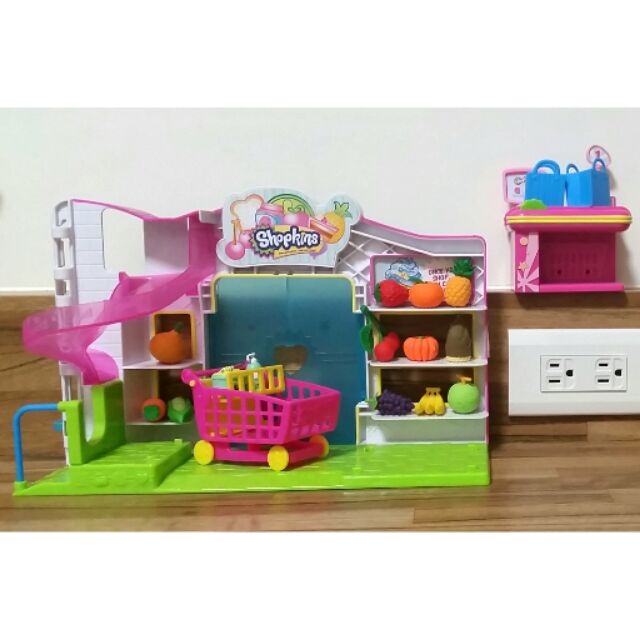 二手兒童玩具 shopkins 食品級超級市場 送二手日本Iwako造型水果橡皮擦 購物車 購物袋 附外盒