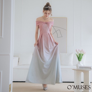 【OMUSES】一字領扭結金蔥漸層粉色訂製長禮服19-F29