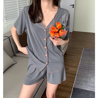 臺灣公司❤️開發票 必收款 日系簡約 涼感 螺紋 奶橘撞色 透氣涼爽 居家服 睡衣 純色 V領 褲裝睡衣 短褲 短袖睡衣