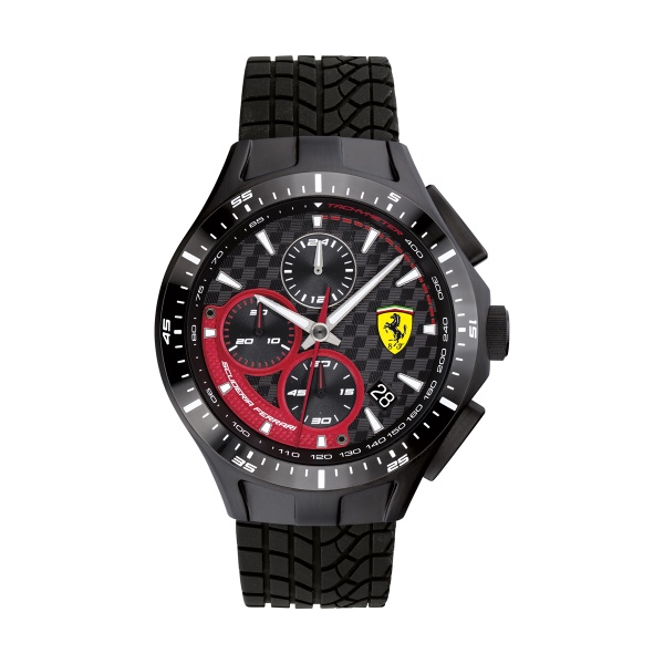 【Ferrari 法拉利】賽車急速黑框胎紋橡膠設計質感腕錶-黑框款/FA0830696/台灣總代理公司貨享兩年保固