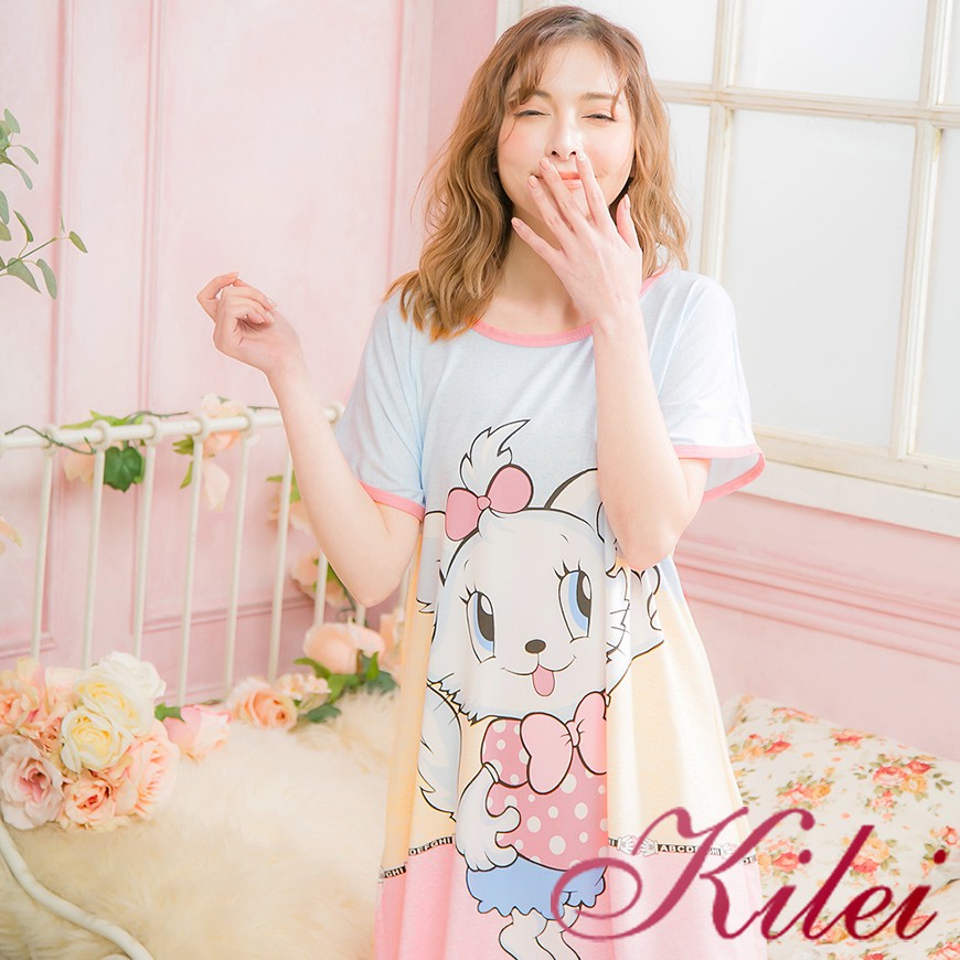 【Kilei】貓咪撞色牛奶絲短袖連身裙睡衣XA4017-01(輕盈藍)全尺碼