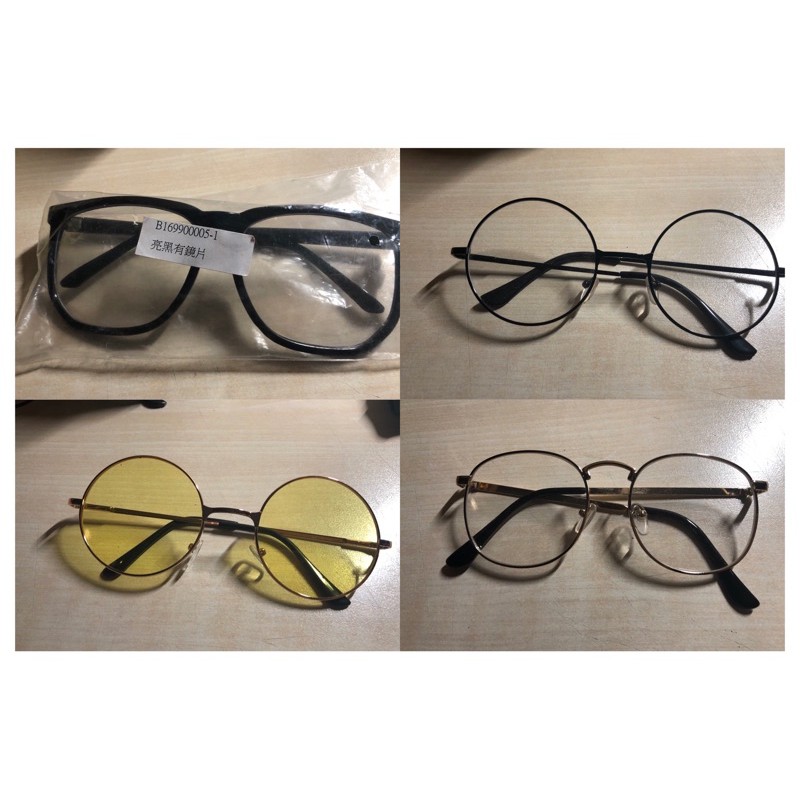 無度數眼鏡/黑色粗框眼鏡/黑框圓眼鏡/黃色鏡片圓眼鏡墨鏡/金屬框大鏡框眼鏡【二手】
