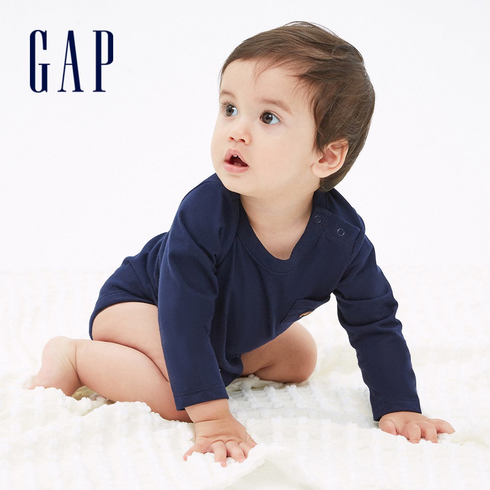 Gap 嬰兒裝 簡約小熊刺繡長袖包屁衣 布萊納系列-海軍藍(663830)