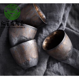 紅芳庭【日式 圓茶杯】鎏金色 品茗杯 茶具 迎客杯 柴燒泡茶杯 鎏金杯 茶杯 泡茶壺 泡茶器 釉燒 功夫茶具 泡茶用具