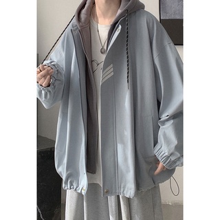 秋裝假兩件夾克衫男士帥氣潮牌連帽上衣服韓版新款bf運動外套