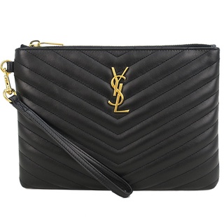 YSL SAINT LAURENT經典MONOGRAM V縫線 金LOGO手拿包(黑)｜JS Maxx官方旗艦館