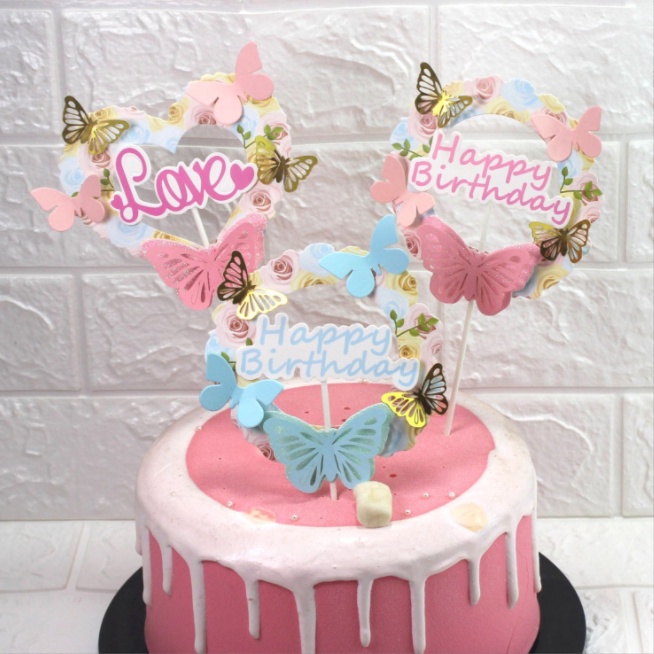 生日快樂蝴蝶蛋糕裝飾閃光蛋糕插牌