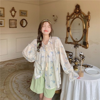 夏季韓版純慾風木耳邊V領碎花襯衫上衣女寬鬆顯瘦小個子百搭襯衣