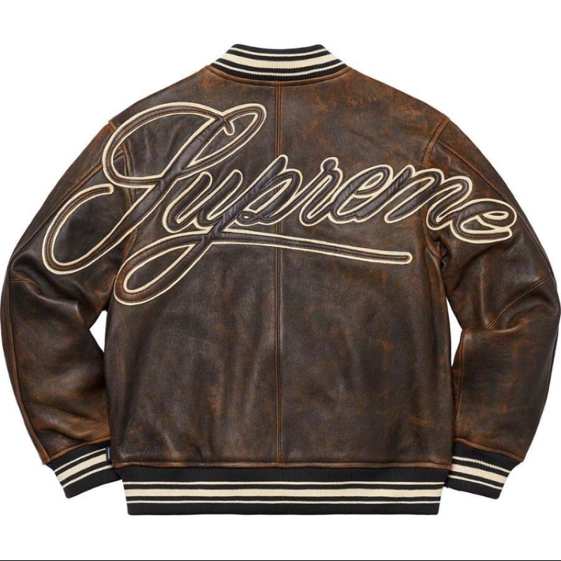 supreme worn leather varsity jacket