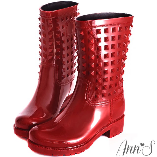 Ann’S個性百搭-糖果鉚釘防水雨靴 紅