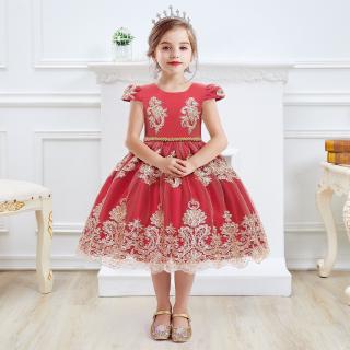 女童紅色連衣裙蕾絲刺繡蝴蝶結蓬蓬裙生日聚會兒童公主花童禮服小洋裝