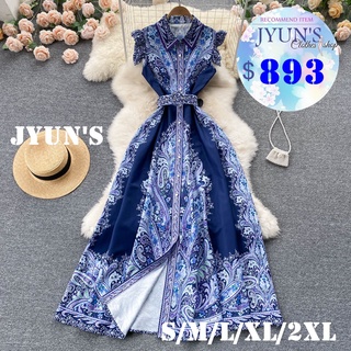 JYUN'S 春夏新款宮廷風復古高級感圖騰印花綁帶繫帶收腰顯瘦Polo領單排扣襯衫長裙無袖洋裝大尺碼2色S~2XL預購